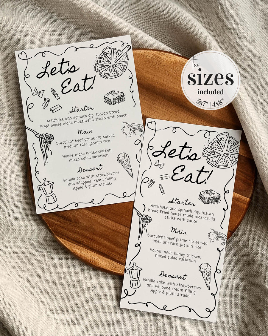 Hand Drawn Wavy Menu Card, Doodle Wedding Menu Template, Scribble Menu Whimsical Wedding, Editable Funky Handwritten Menu Italian Food #070 - marryful.org