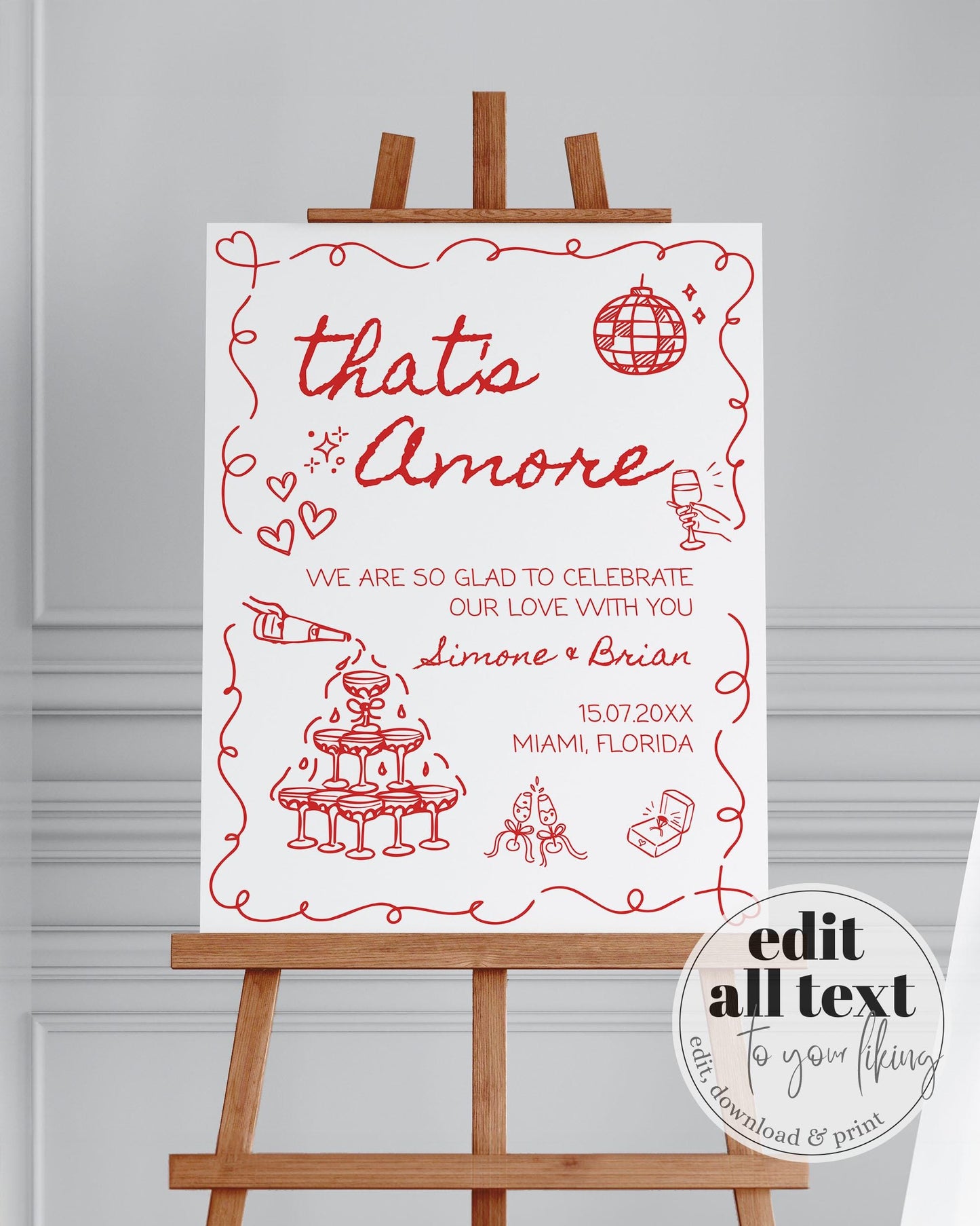 That's Amore Hand Drawn Wedding Welcome Sign with Champagne Tower and Disco Ball for Quirky Funky Decor, Funky Welcome Sign Template #070 - TheLovebirdsDesign