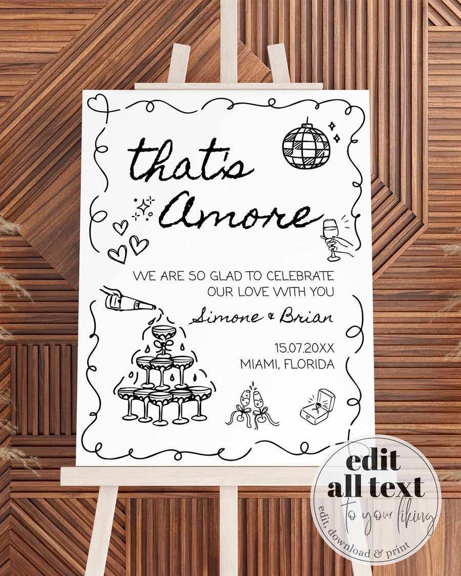 That's Amore Hand Drawn Wedding Welcome Sign with Champagne Tower and Disco Ball for Quirky Funky Decor, Funky Welcome Sign Template #070 - marryful.org