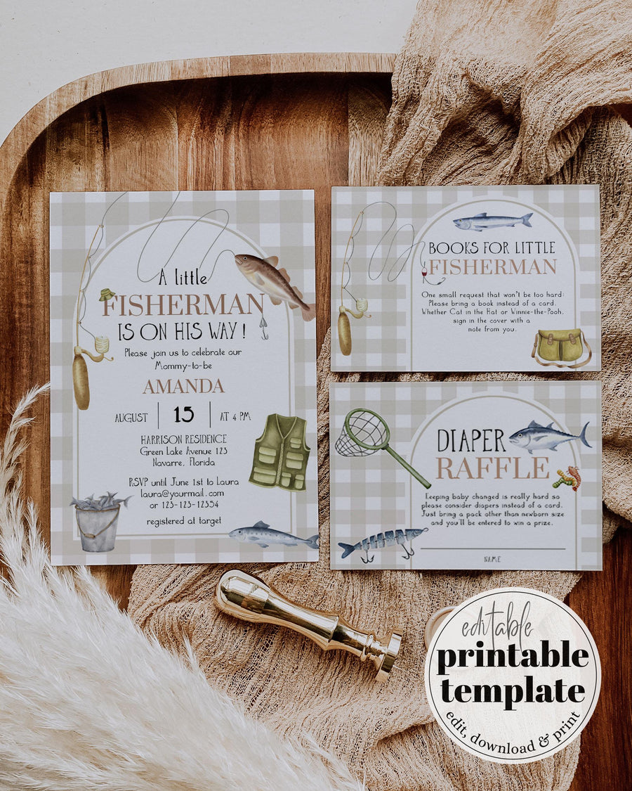 Fisherman Baby Shower Bundle, Gender Neutral Fish Baby Shower Invitation, Boy Reel Fish Invite, Gingham Fishing Shower Decor Template #068 - marryful.org
