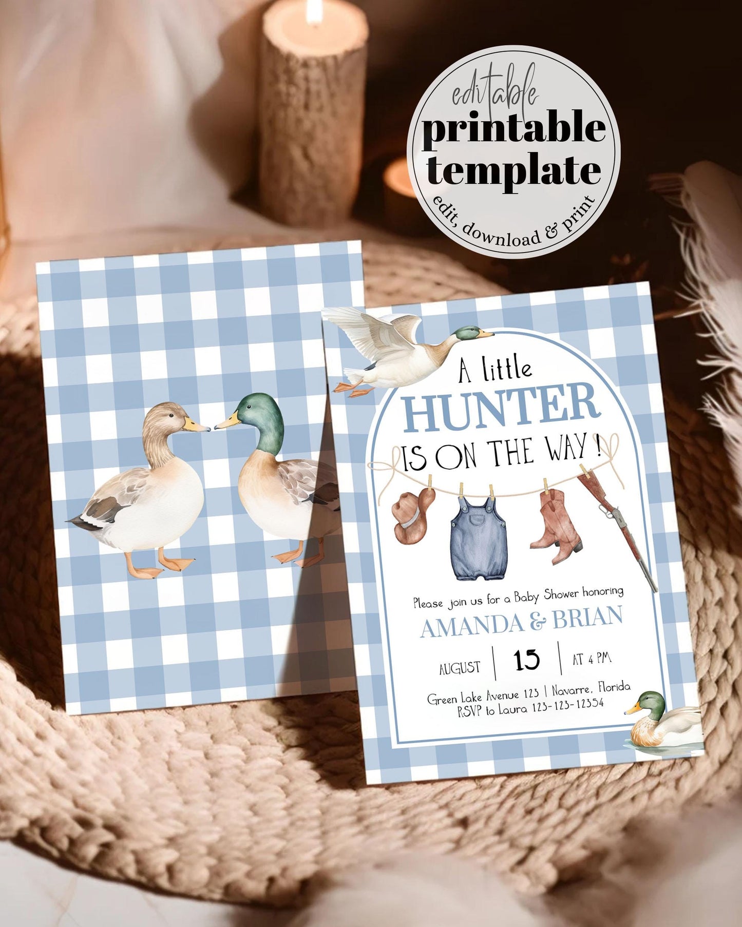 Boy Duck Hunting Baby Shower, Mallard Ducks Baby Shower Invitation, Duck Theme Party Invite, Lucky Duck Printable Invitation Template #068 - TheLovebirdsDesign