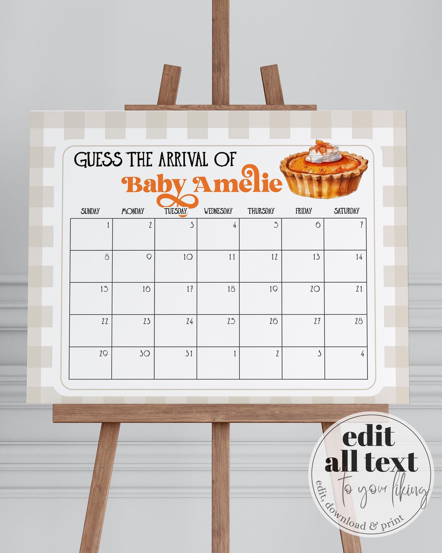 Cutie Pie Guess Due Date Sign for Fall Baby Shower in October November, Pumpkin Pie Guess Arrival Baby Shower Game Decorations Template #068 - TheLovebirdsDesign