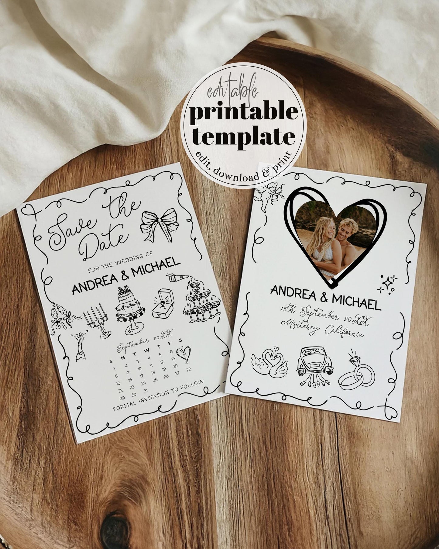 Handwritten Wavy Save the Date Calendar, Handdrawn Funky Doodle Save the Date Invite, Scribble Invite for Whimsical Shower Template #070 - TheLovebirdsDesign