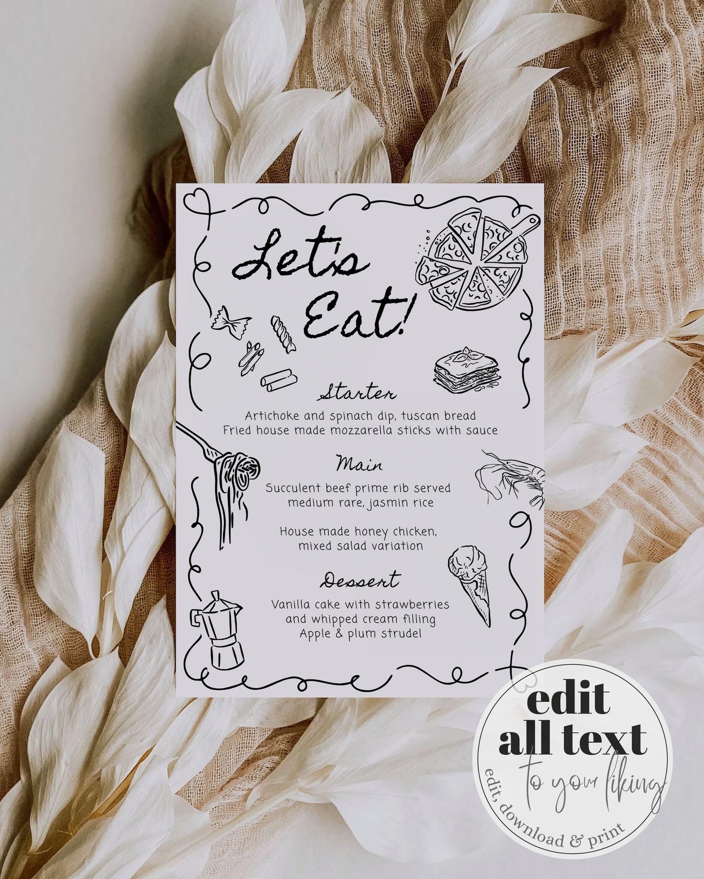 Hand Drawn Wavy Menu Card, Doodle Wedding Menu Template, Scribble Menu Whimsical Wedding, Editable Funky Handwritten Menu Italian Food #070 - TheLovebirdsDesign