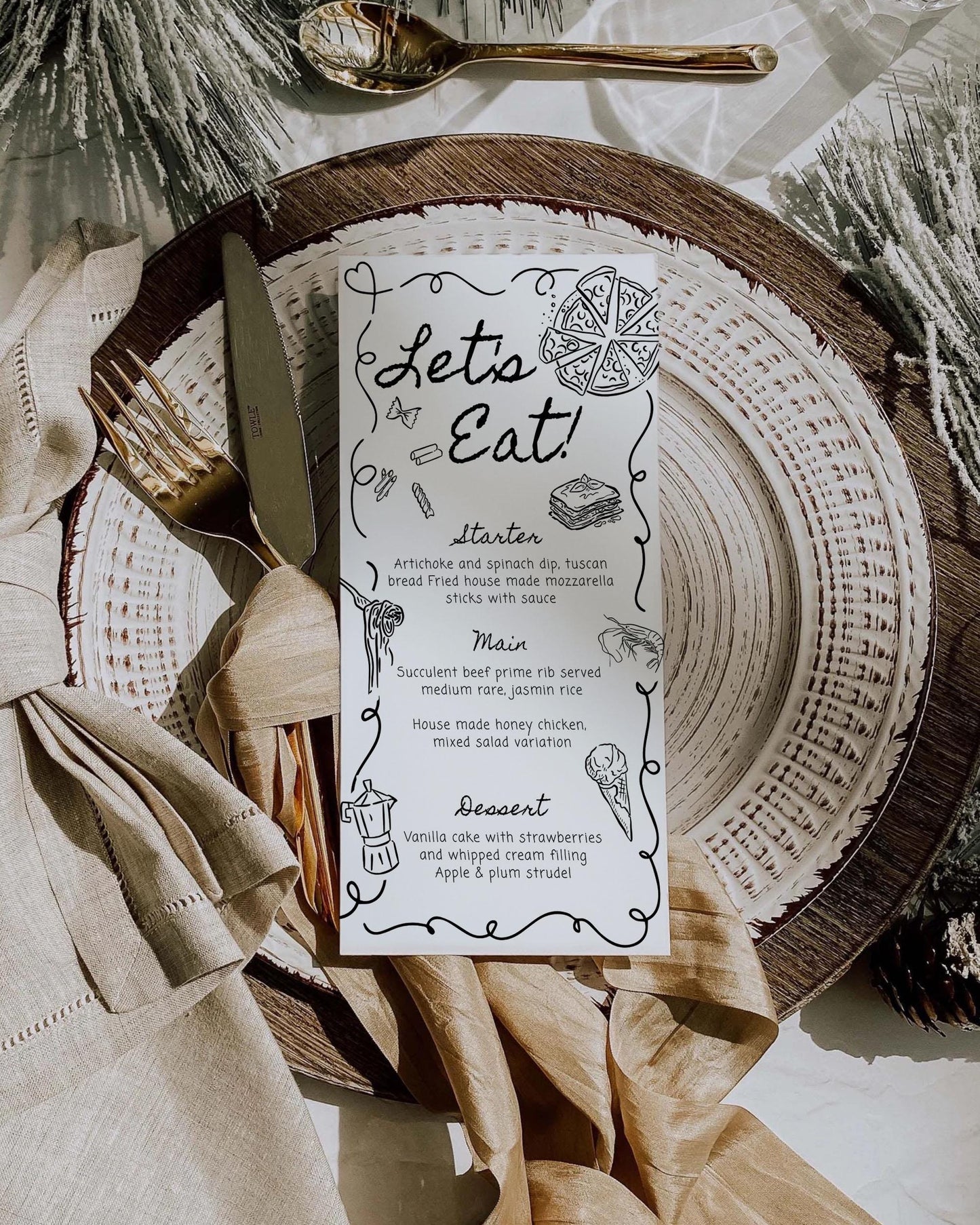 Hand Drawn Wavy Menu Card, Doodle Wedding Menu Template, Scribble Menu Whimsical Wedding, Editable Funky Handwritten Menu Italian Food #070 - TheLovebirdsDesign