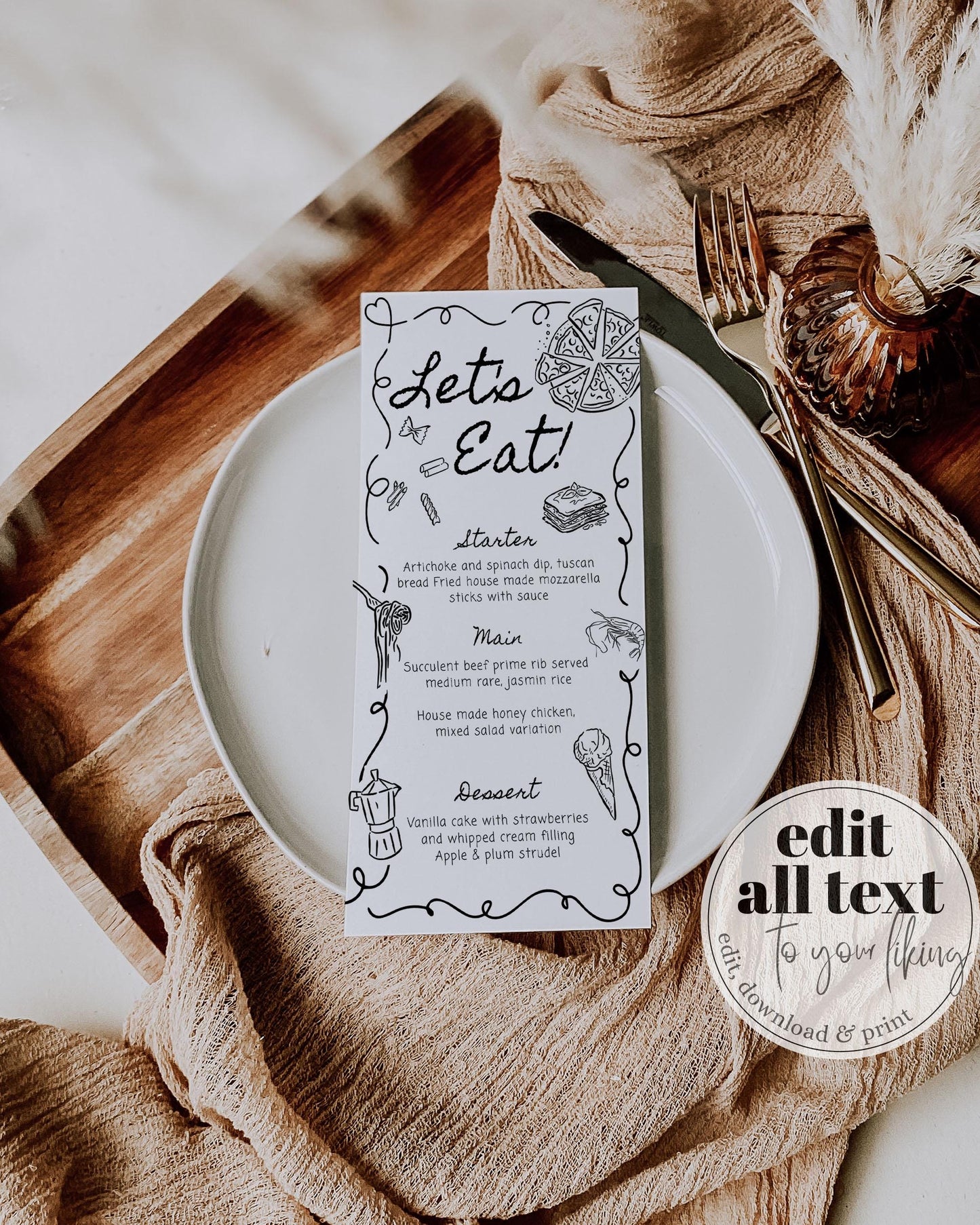 Hand Drawn Wavy Menu Card, Doodle Wedding Menu Template, Scribble Menu Whimsical Wedding, Editable Funky Handwritten Menu Italian Food #070 - TheLovebirdsDesign