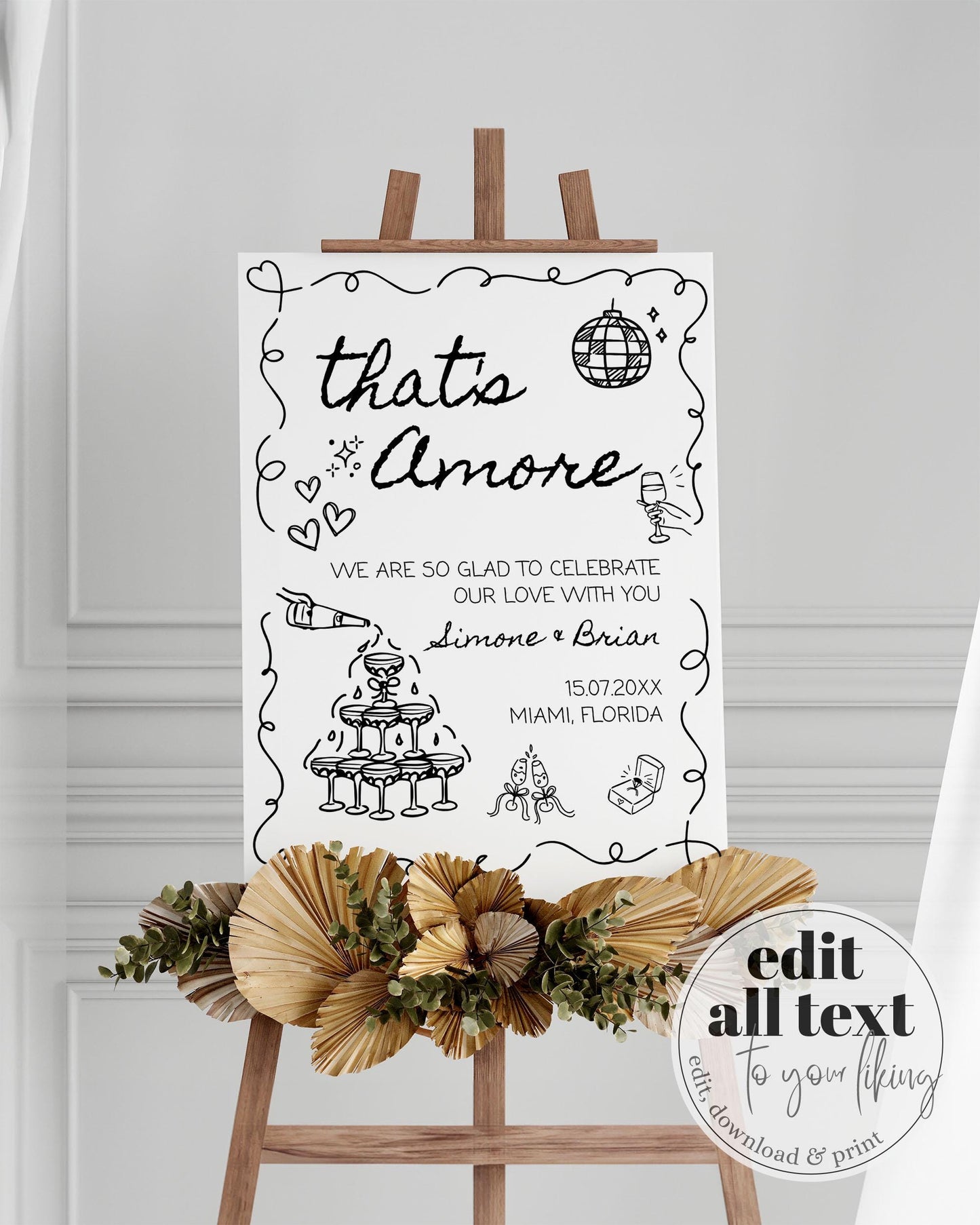 That's Amore Hand Drawn Wedding Welcome Sign with Champagne Tower and Disco Ball for Quirky Funky Decor, Funky Welcome Sign Template #070 - TheLovebirdsDesign