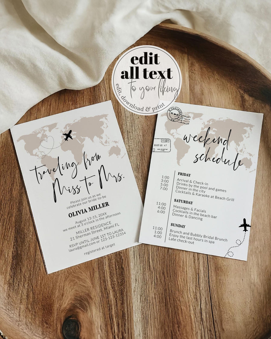 Travel Bachelorette Itinerary, World Map Boarding Pass Weekend Schedule Template 072W-BAINV - marryful.org