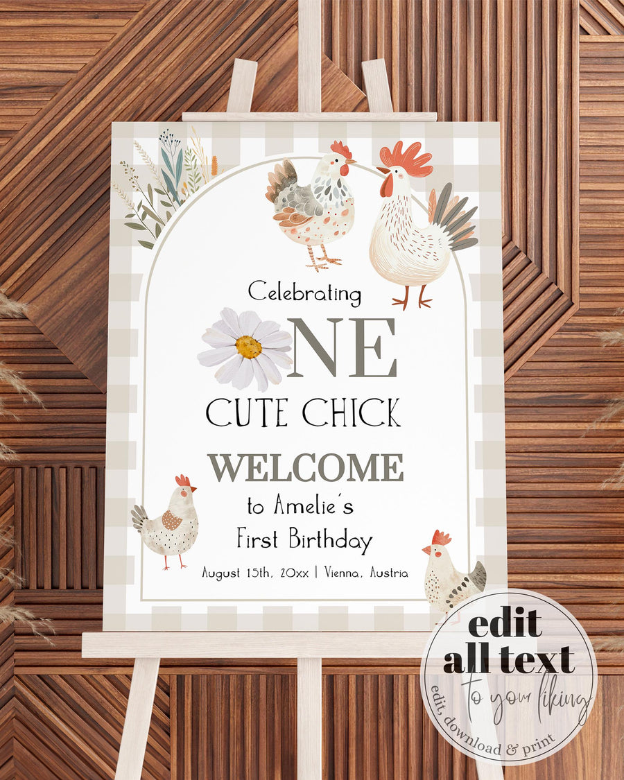 Chicken themed Welcome Sign Template for a First Birthday, Farm Animal Party Decor 005BE-WLCM - marryful.org