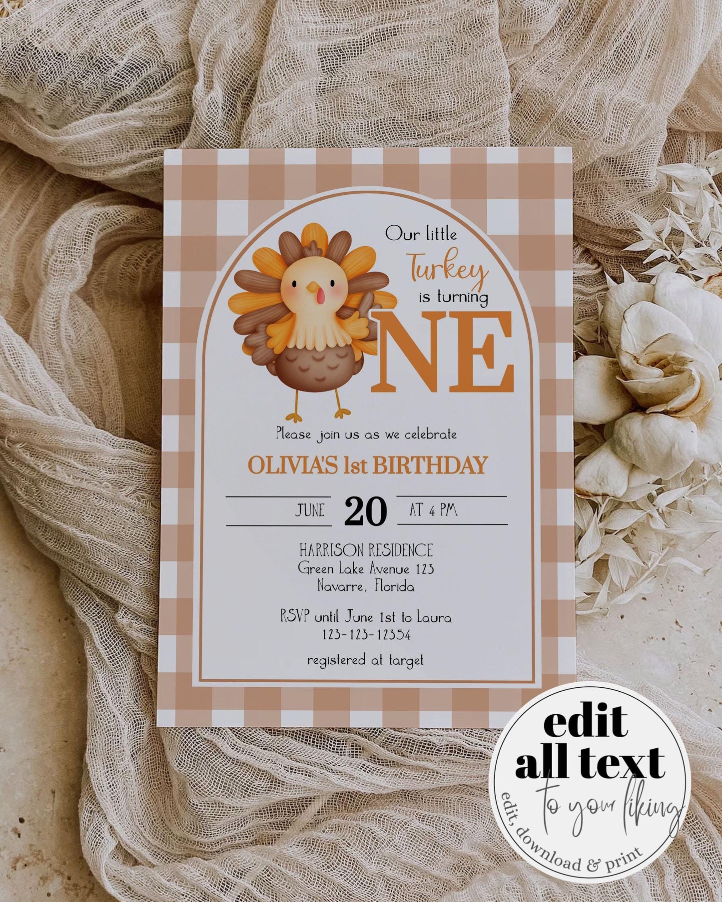 Our Little Turkey is Turning One First Birthday Invitation, Thanksgiving 1st Birthday Party Invite, Editable Fall Autumn Birthday Suite #068 - TheLovebirdsDesign