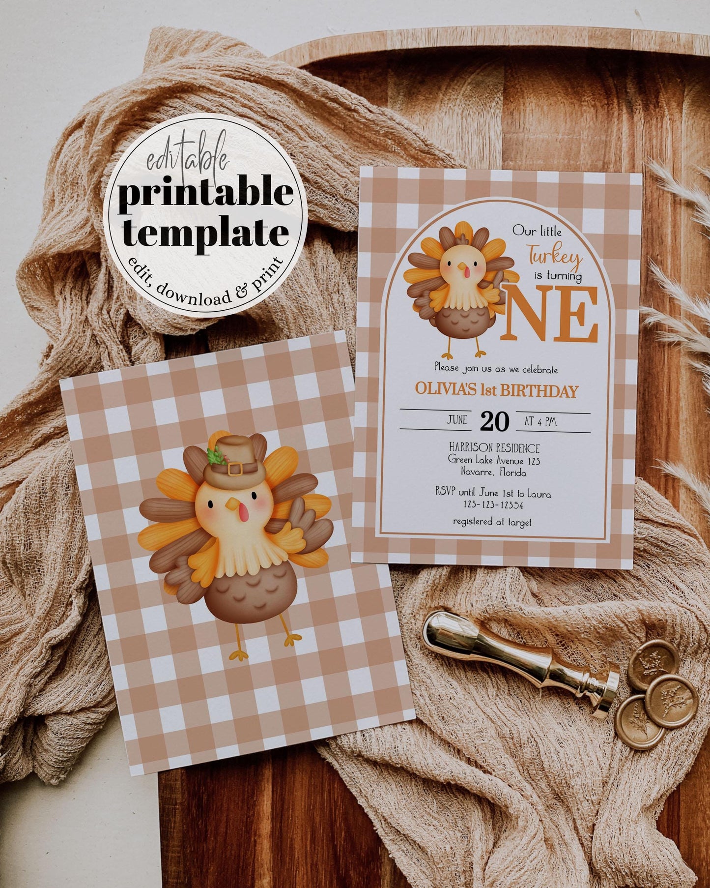 Our Little Turkey is Turning One First Birthday Invitation, Thanksgiving 1st Birthday Party Invite, Editable Fall Autumn Birthday Suite #068 - TheLovebirdsDesign