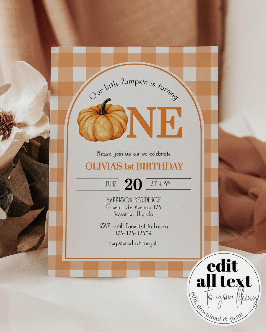 Little Pumpkin First Birthday Invitation, Orange Gingham Fall Editable Template 010PP-BINV