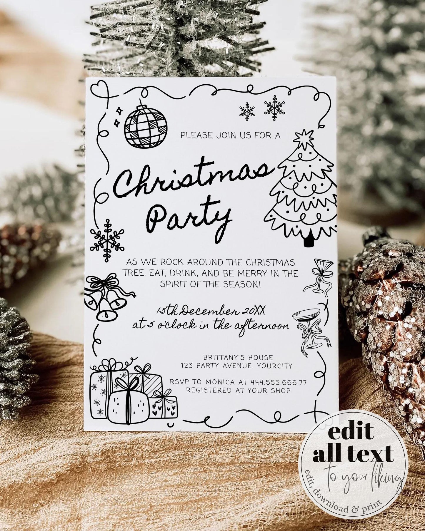 Funky Doodle Christmas Party Invitation Template, Scribble Holiday Office Party Winter Invite, Friendsmas Handwritten Fun Disco Template#070 - TheLovebirdsDesign