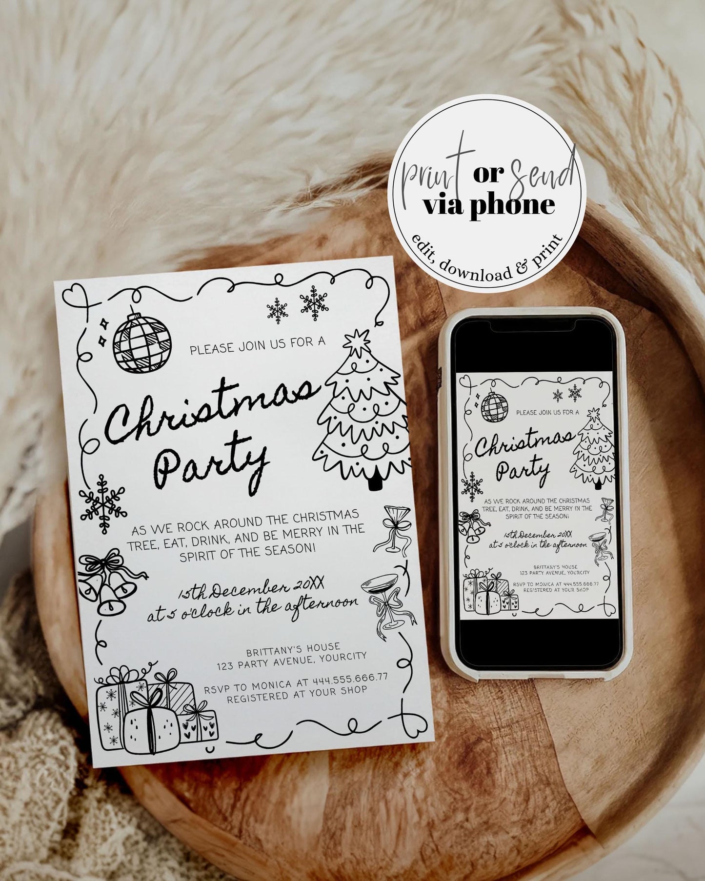 Funky Doodle Christmas Party Invitation Template, Scribble Holiday Office Party Winter Invite, Friendsmas Handwritten Fun Disco Template#070 - TheLovebirdsDesign