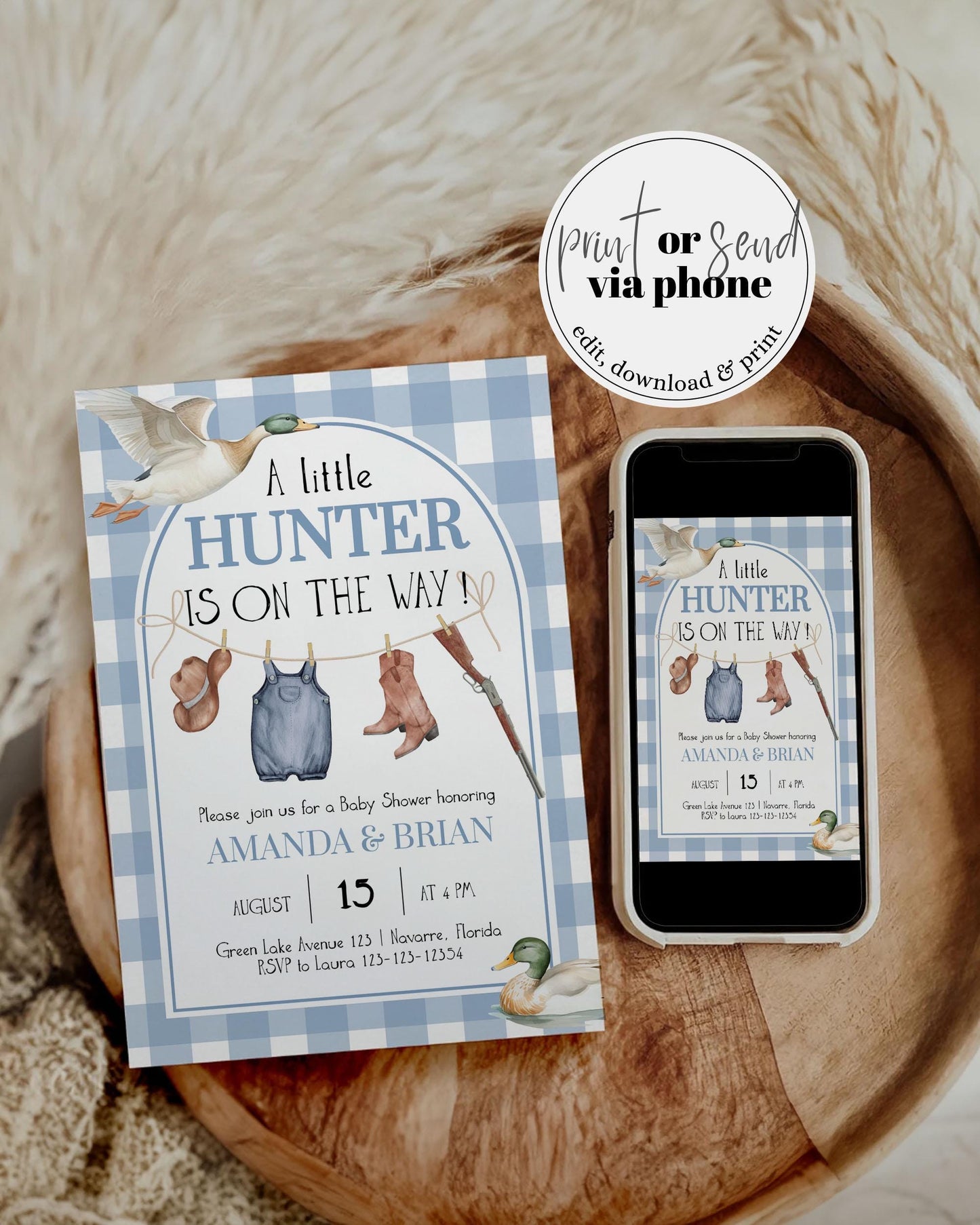 Boy Duck Hunting Baby Shower, Mallard Ducks Baby Shower Invitation, Duck Theme Party Invite, Lucky Duck Printable Invitation Template #068 - TheLovebirdsDesign