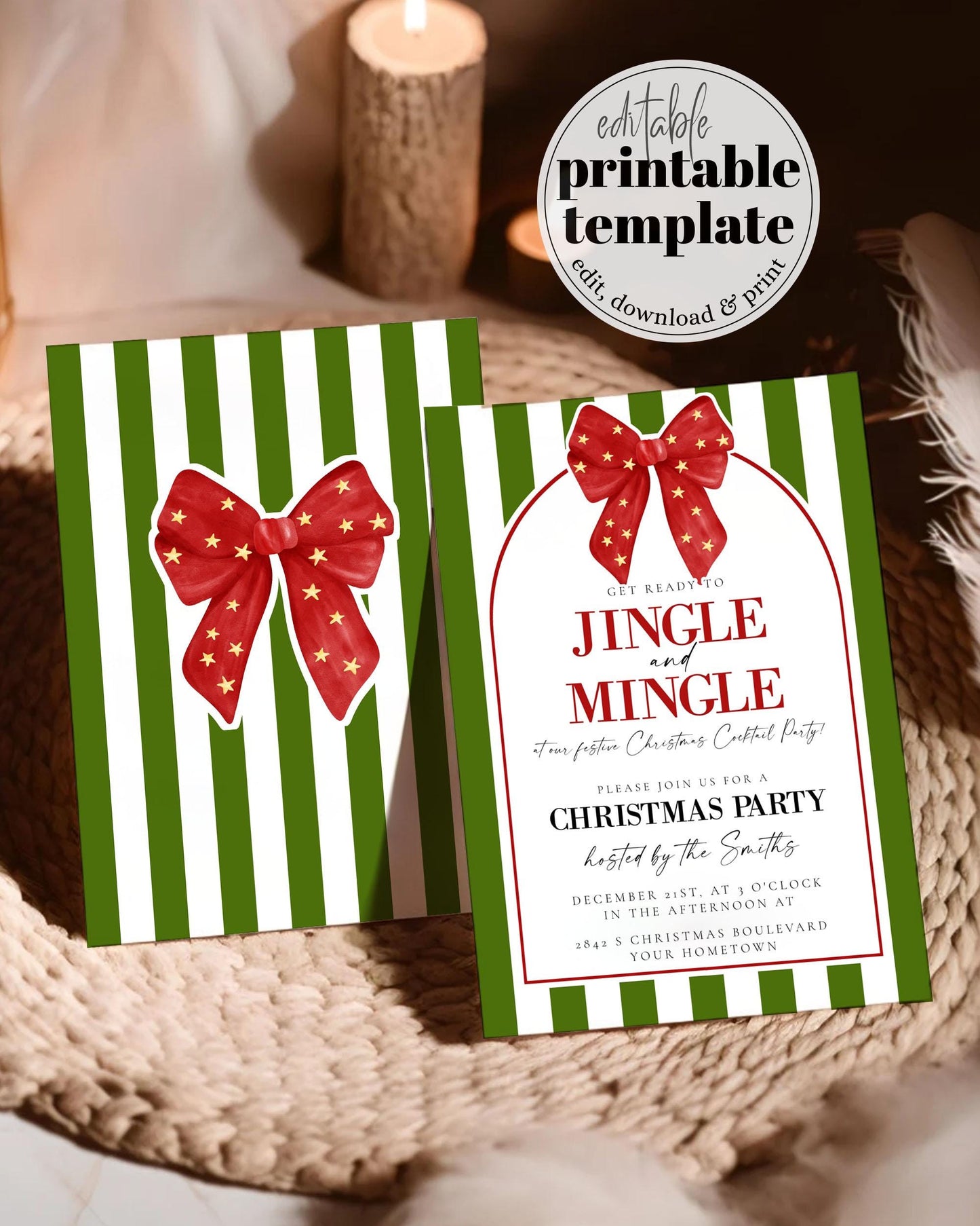 Coquette Jingle and Mingle Christmas Party Invitation with Red Ribbon Bow and Christmas Greens for Family Holiday Gathering Invite #070 - TheLovebirdsDesign