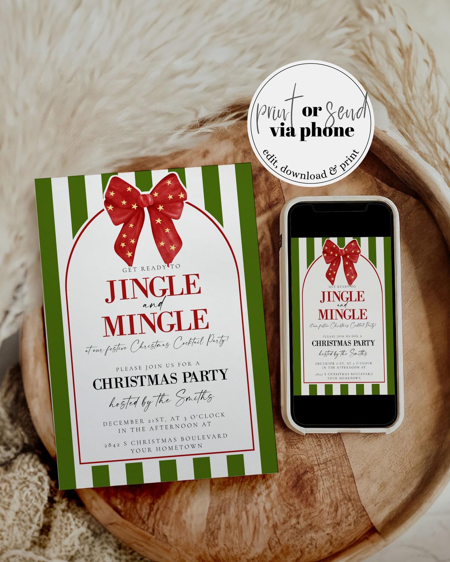 Coquette Jingle and Mingle Christmas Party Invitation with Red Ribbon Bow and Christmas Greens for Family Holiday Gathering Invite #070 - TheLovebirdsDesign