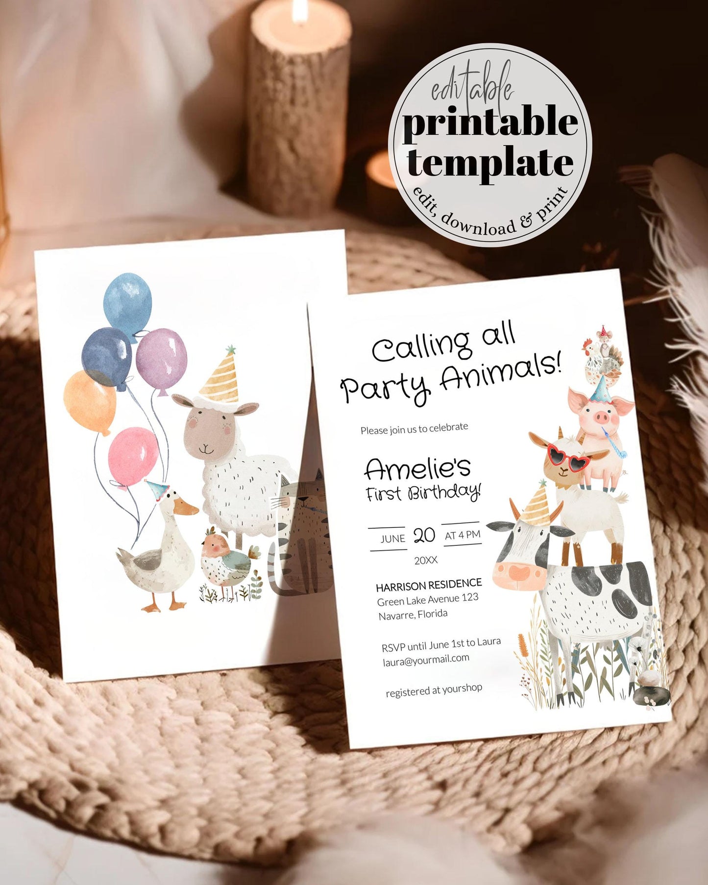 Farm Party Animals 1st Birthday Invitation Boy, Farm Barnyard Animals First Birthday Confetti Printable Template, Petting Zoo Birthday #068 - TheLovebirdsDesign