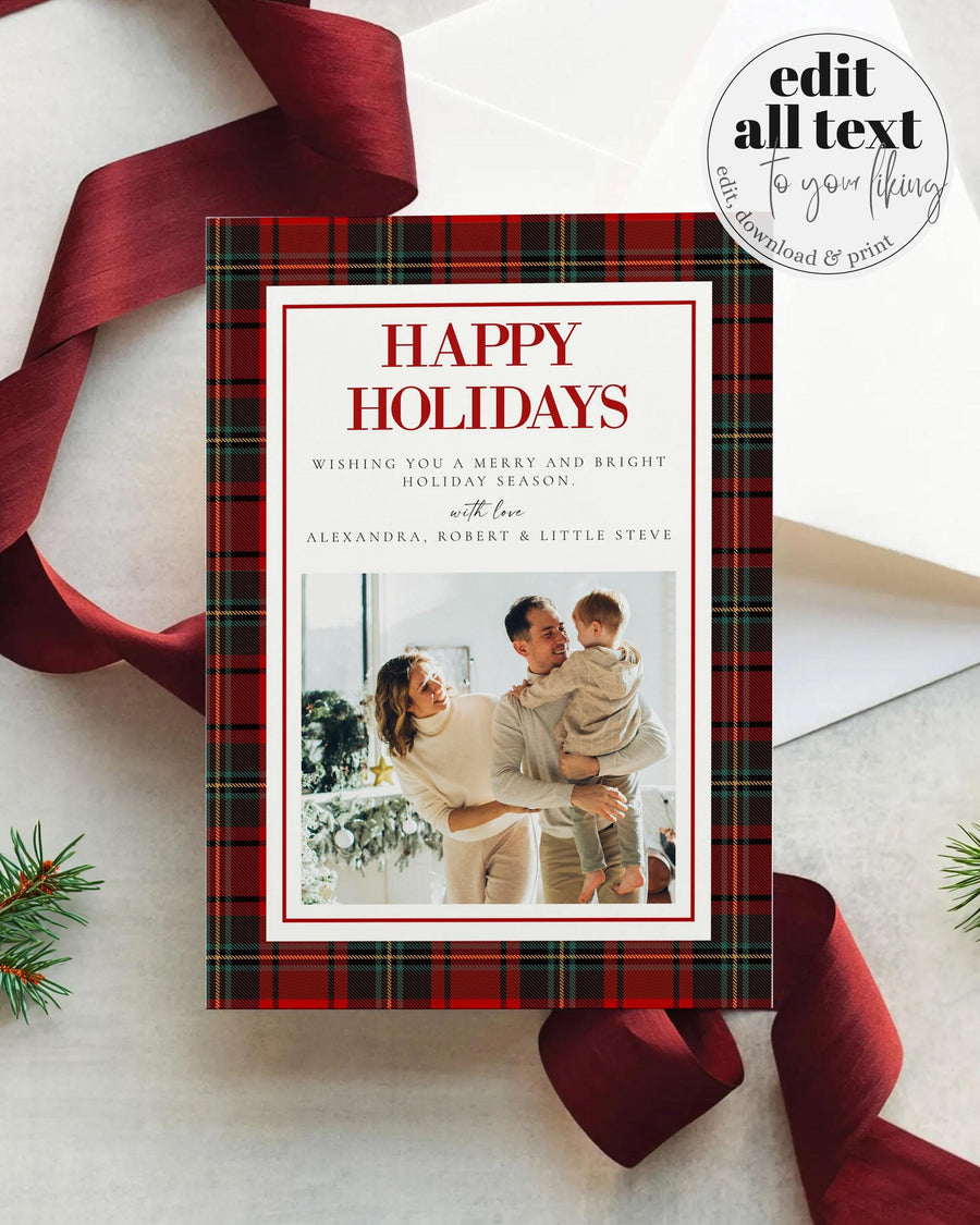 Red Tartan Holiday Photo Card, Plaid Christmas Greeting Template #068 - marryful.org