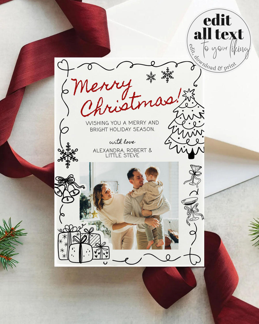 Merry Christmas Photo Card, Funky Hand Drawn Holiday Greeting with Wavy Frames Template 070BW-PHCA
