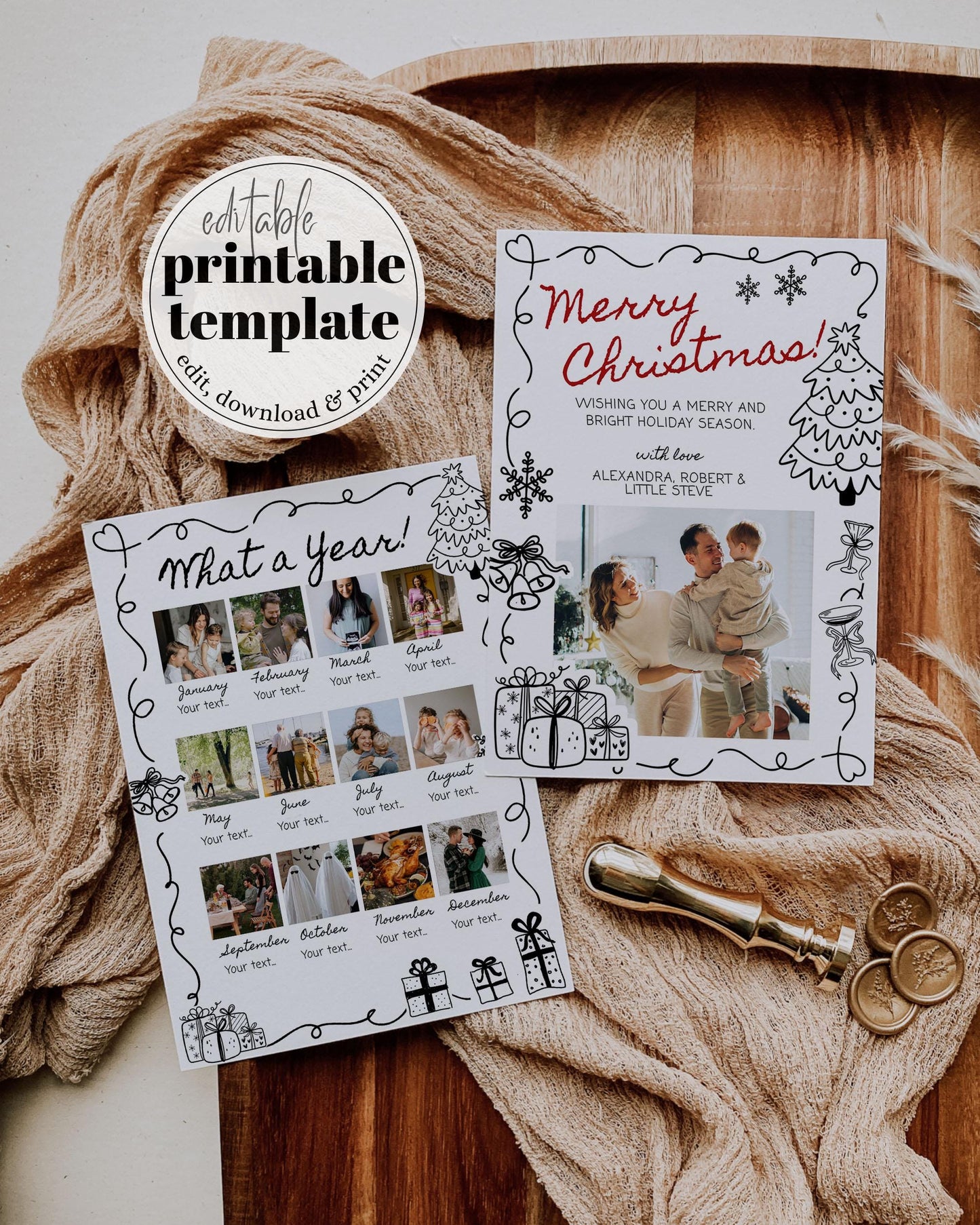 Handwritten Happy Holidays Family Photo Card, Funky Doodle Christmas Card, Doodle XMAS Card one Photo Year in Review New Years Template #070 - TheLovebirdsDesign