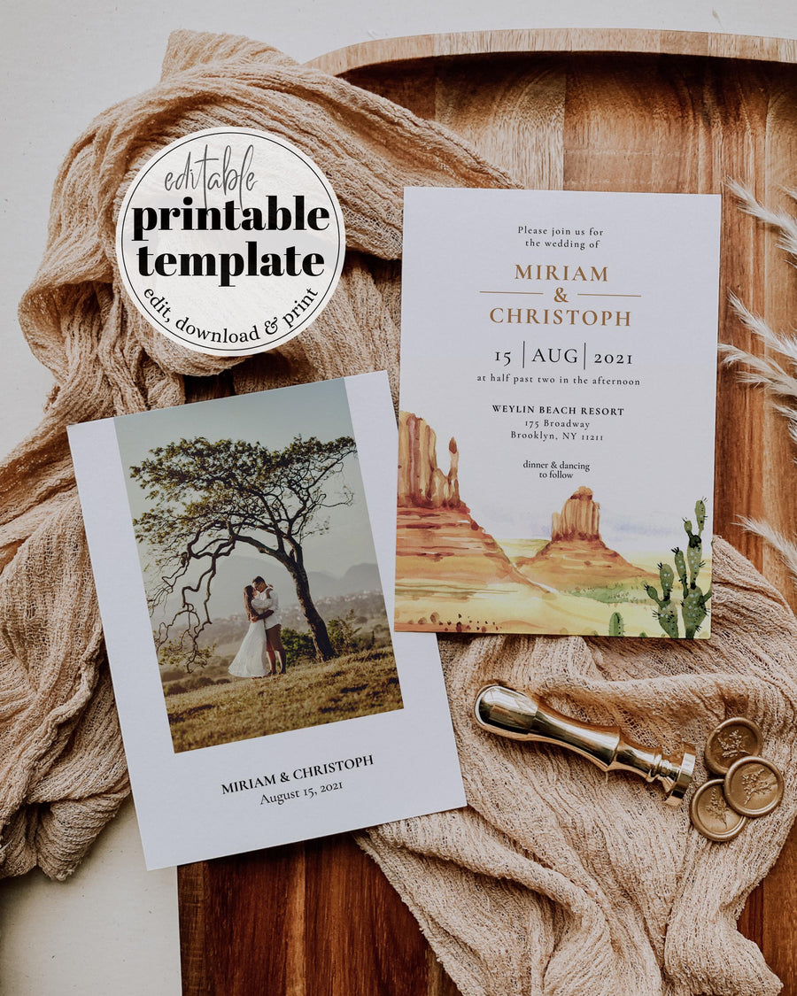 Desert Wedding Invitation Template, Boho Cactus Destination Editable Invite 064AR-WEINV - marryful.org