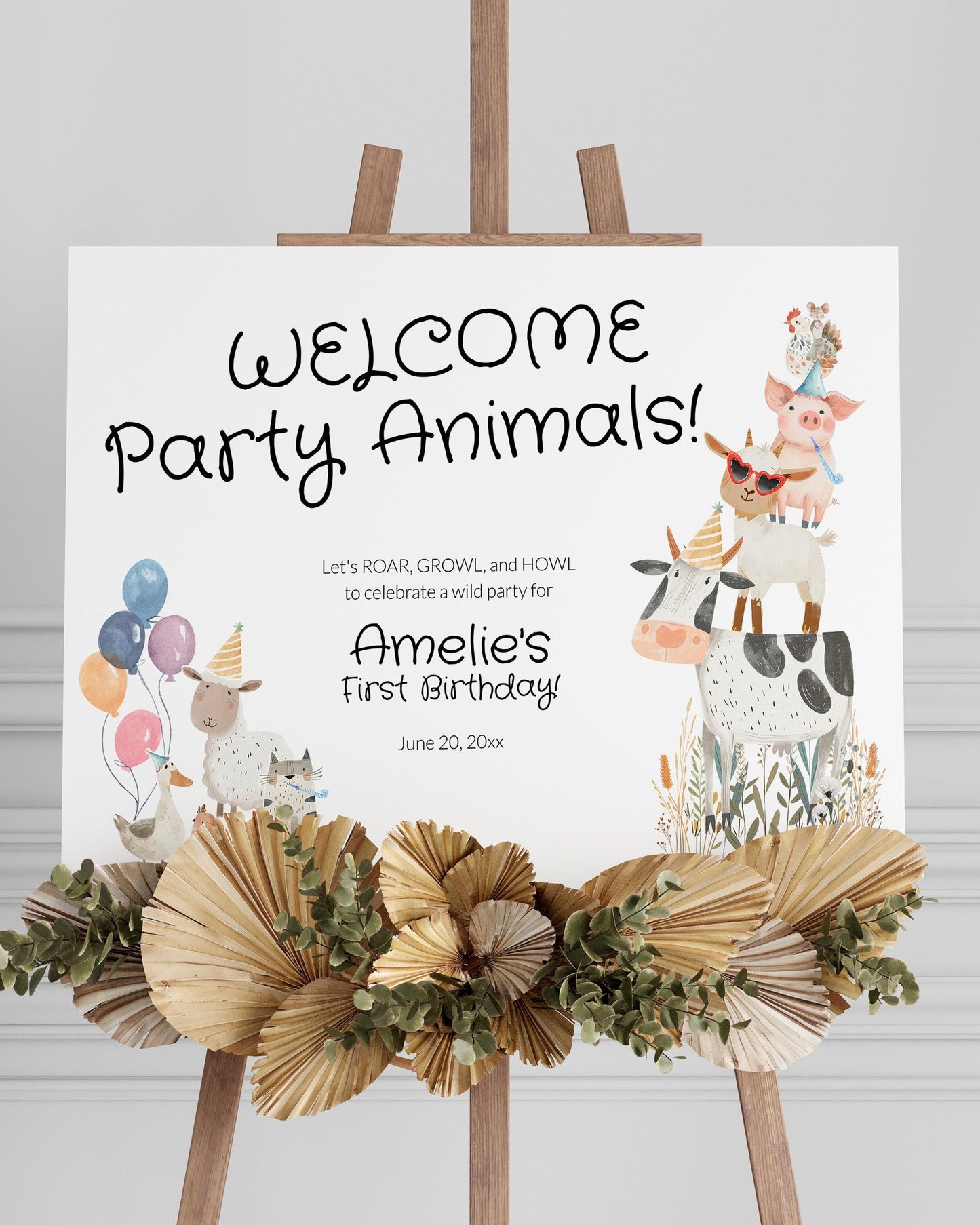 Farm Party Animals 1st Birthday Welcome Sign Boy, Farm Barnyard Animals First Birthday Confetti Printable Decor Sign Template #068 - TheLovebirdsDesign