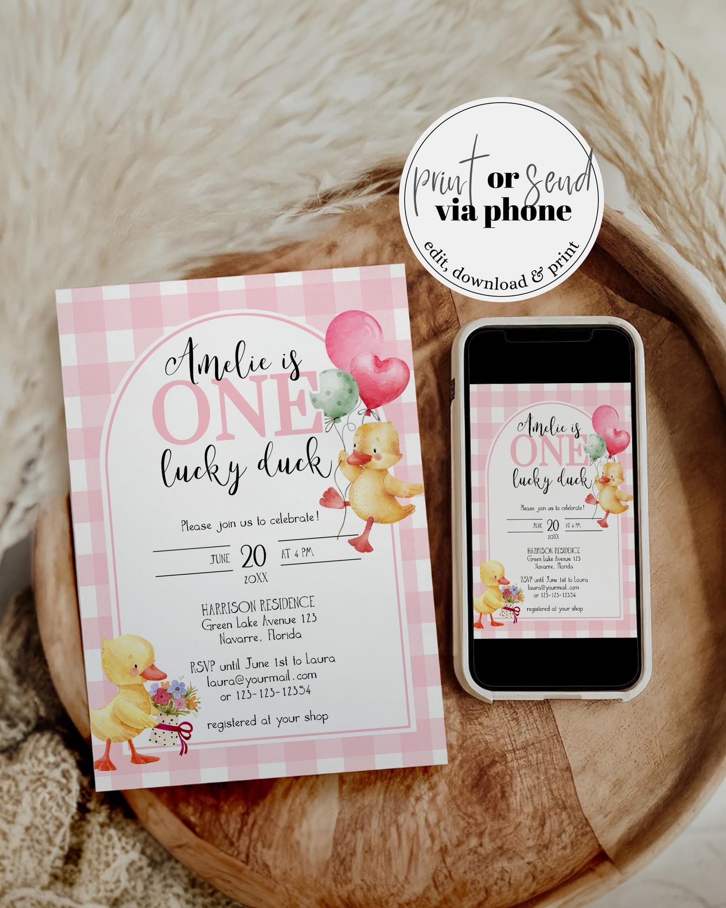 Lucky Duckling Firsts Birthday Invitation Suite Girls, One Lucky Duck Birthday Decor, Pink Duck Cottagecore Party Invite Template #068 - TheLovebirdsDesign