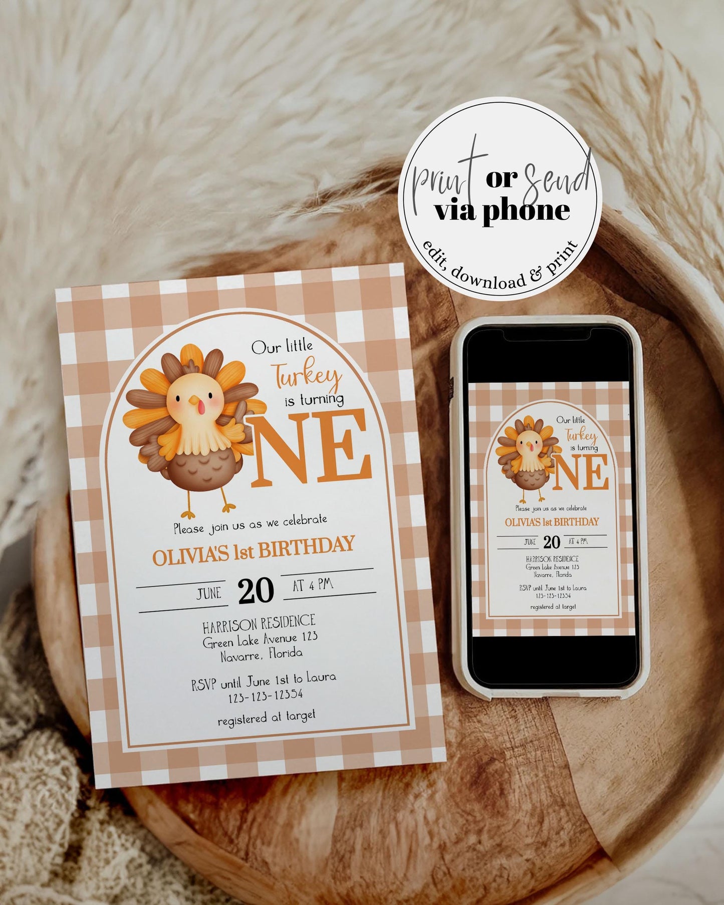 Our Little Turkey is Turning One First Birthday Invitation, Thanksgiving 1st Birthday Party Invite, Editable Fall Autumn Birthday Suite #068 - TheLovebirdsDesign