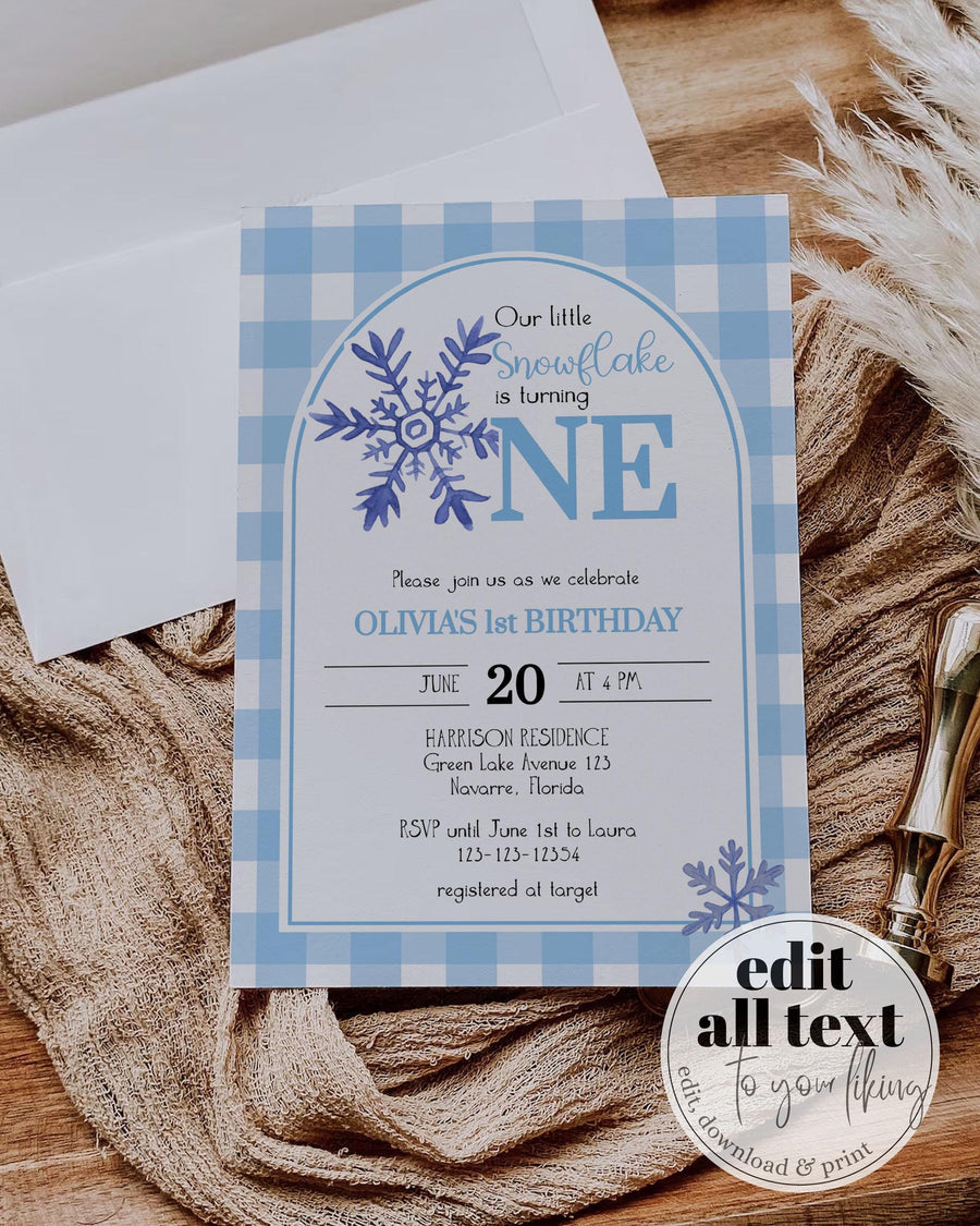 Blue Gingham Winter ONEderland First Birthday Invitation, Blue Snowflake Boy Party Editable Template