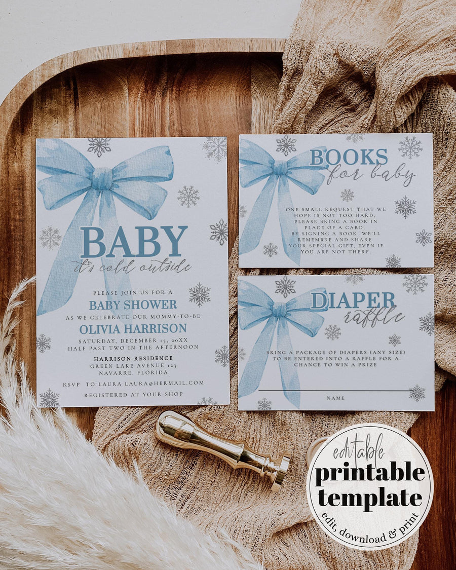 Blue Bow Baby Its Cold Outside Shower Invitation, Winter Wonderland Boy Editable Set 095BL-BSINV