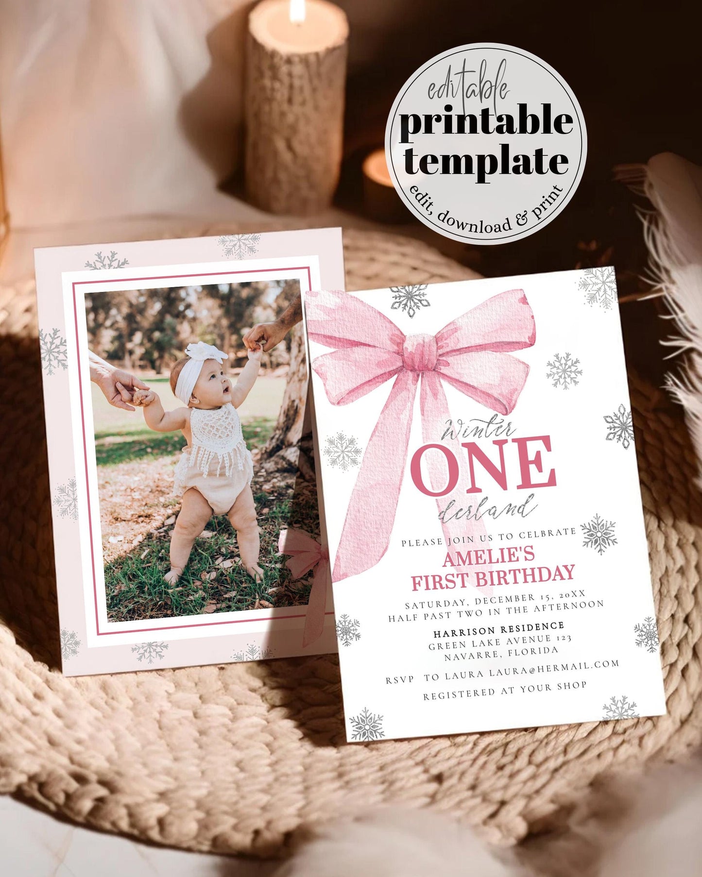 Pink Bow Winter ONEderland First Birthady Invitation Christmas Silver Snowflake Snowfall Winter Wonderland 1st Birthday Invite Template #072 - TheLovebirdsDesign