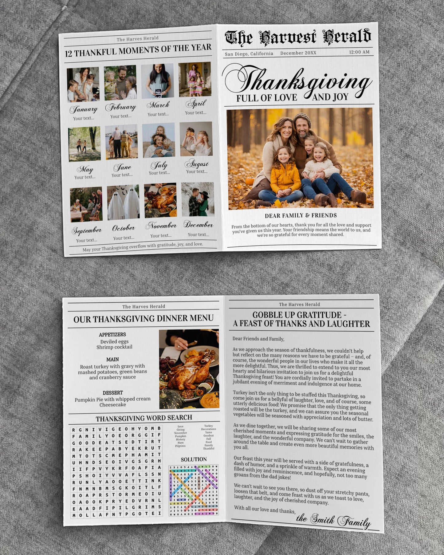 Thanksgiving Newspaper Template, Friends Giving Newspaper Dinner Invitation, Editable Thankful Invite, Large Newspaper 4 Pages #065b - TheLovebirdsDesign