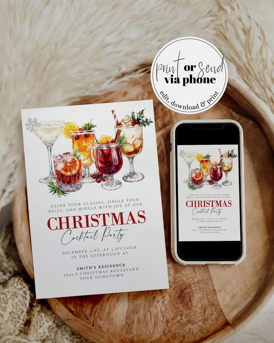 Holiday Christmas Cocktail Party Invitation, Editable Cocktail Social Club Party Invite for Birthday Bridal Shower or Christmas Party #070 - marryful.org