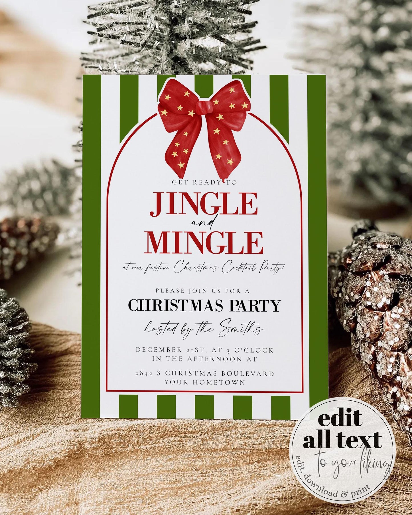 Coquette Jingle and Mingle Christmas Party Invitation with Red Ribbon Bow and Christmas Greens for Family Holiday Gathering Invite #070 - TheLovebirdsDesign