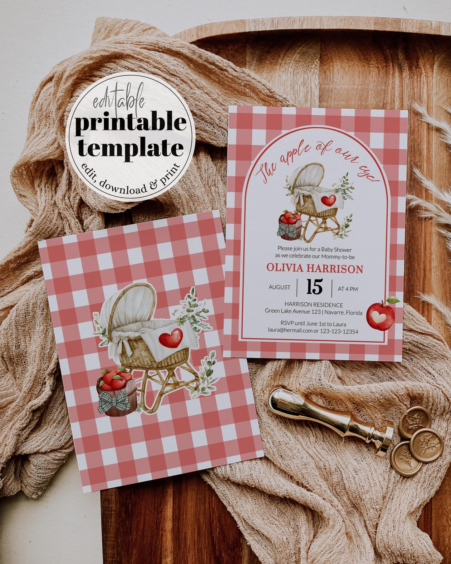 Apple Baby Shower Invitation, Apple of our Eye Autumn Baby Shower Invite Bundle, Editable Fall Diaper Raffle Books for Baby Template #068 - TheLovebirdsDesign
