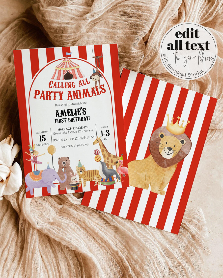 Circus Party Animals First Birthday Invitation, Carnival Safari Jungle Animal Invite Template 025CR-BINV - marryful.org