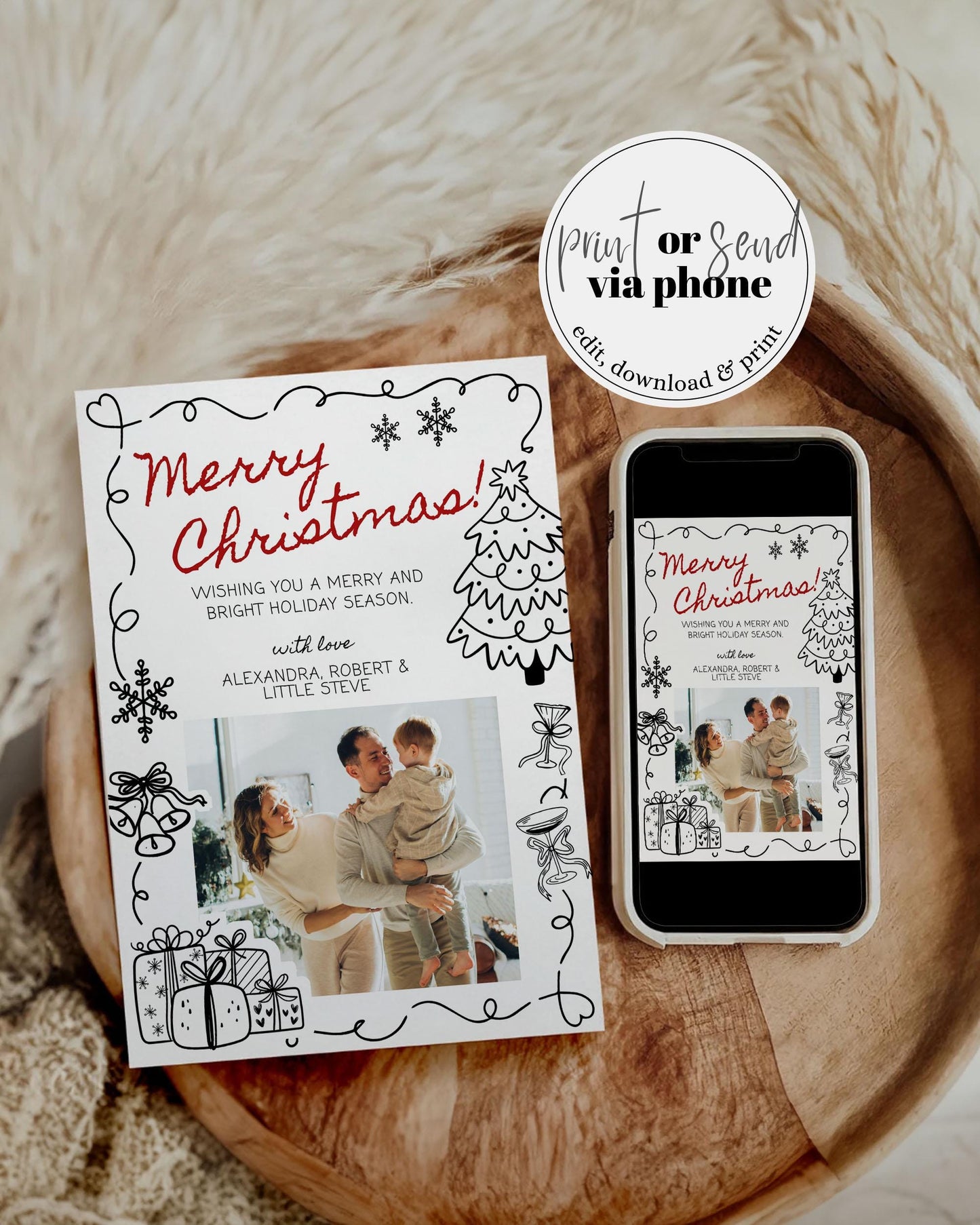 Handwritten Happy Holidays Family Photo Card, Funky Doodle Christmas Card, Doodle XMAS Card one Photo Year in Review New Years Template #070 - TheLovebirdsDesign