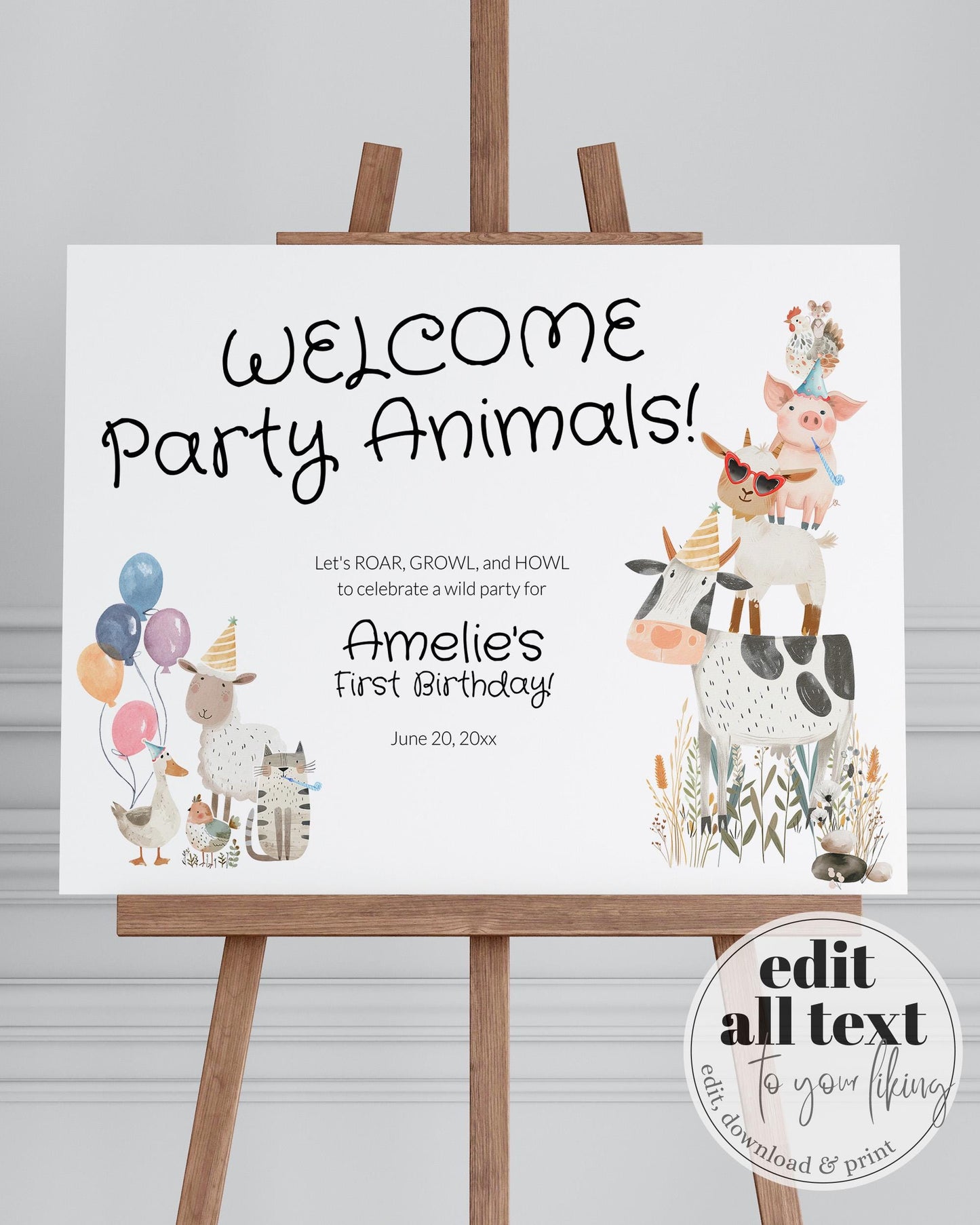 Farm Party Animals 1st Birthday Welcome Sign Boy, Farm Barnyard Animals First Birthday Confetti Printable Decor Sign Template #068 - TheLovebirdsDesign