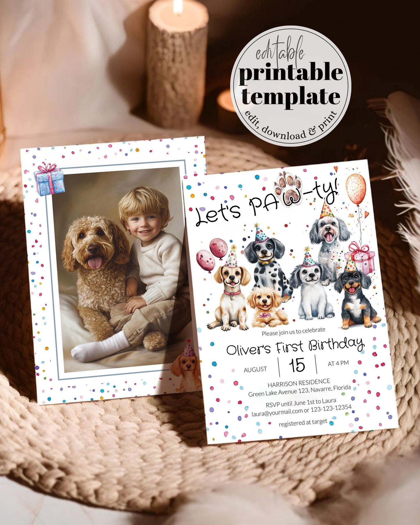 Puppy Birthday Invitation, Gender Neutral Confetti Dog Paw-Tee Invite for Boys or Girls First Birthday Invitation, Printable Template #070 - TheLovebirdsDesign