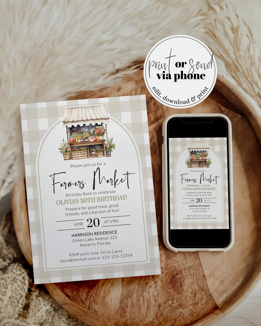 Off the Market Birthday Invitation Template, Farmers Market Summer Gingham Brunch Party 003FM-BINV - marryful.org