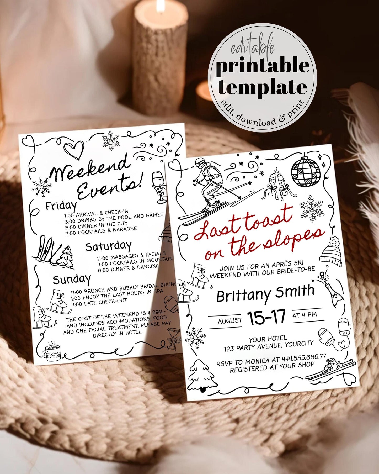 Apres Ski Winter Bachelorette Itinerary, Handwritten Bridal Shower Invitation, Mountain Ski Party Social Club Invite Download Template #070 - TheLovebirdsDesign