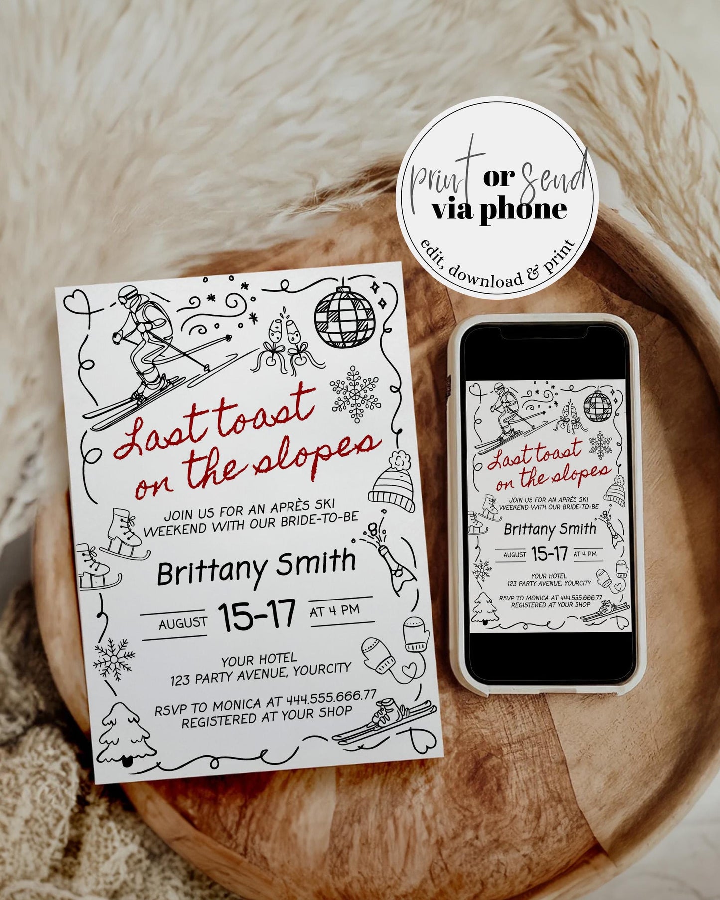 Apres Ski Winter Bachelorette Itinerary, Handwritten Bridal Shower Invitation, Mountain Ski Party Social Club Invite Download Template #070 - TheLovebirdsDesign