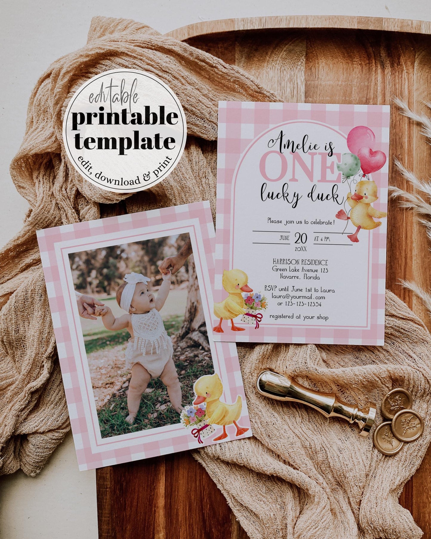 Lucky Duckling Firsts Birthday Invitation Suite Girls, One Lucky Duck Birthday Decor, Pink Duck Cottagecore Party Invite Template #068 - TheLovebirdsDesign