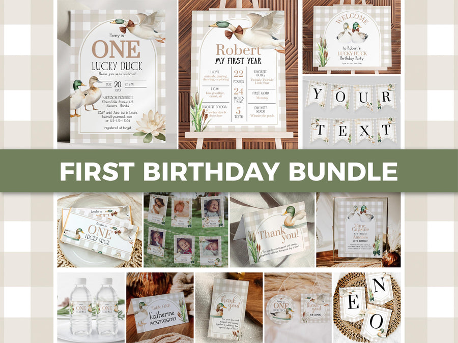 One Lucky Duck First Birthday Invitation Bundle Template, Gender Neutral Duck Party Decor - marryful.org