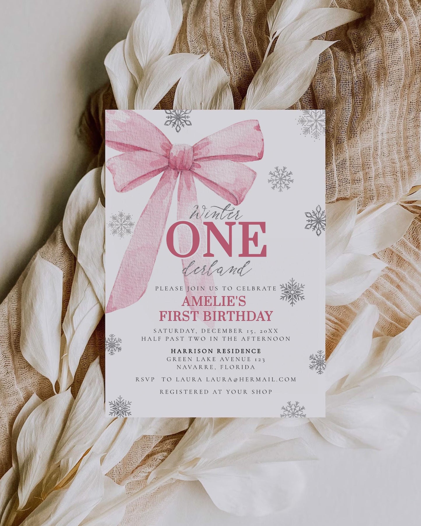 Pink Bow Winter ONEderland First Birthady Invitation Christmas Silver Snowflake Snowfall Winter Wonderland 1st Birthday Invite Template #072 - TheLovebirdsDesign