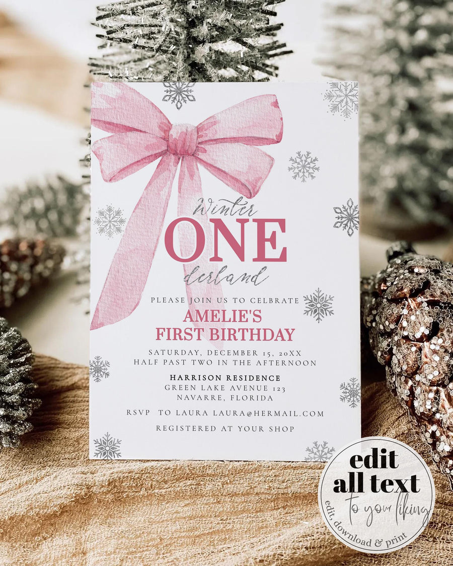 Pink Bow Winter ONEderland First Birthday Invitation, Silver Snowflake Editable Template 095PI-BINV