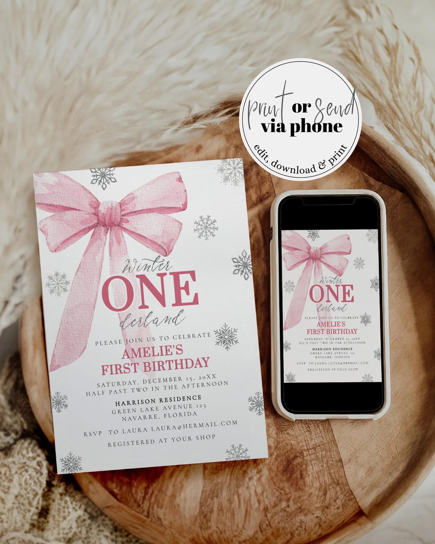 Pink Bow Winter ONEderland First Birthady Invitation Christmas Silver Snowflake Snowfall Winter Wonderland 1st Birthday Invite Template #072 - TheLovebirdsDesign
