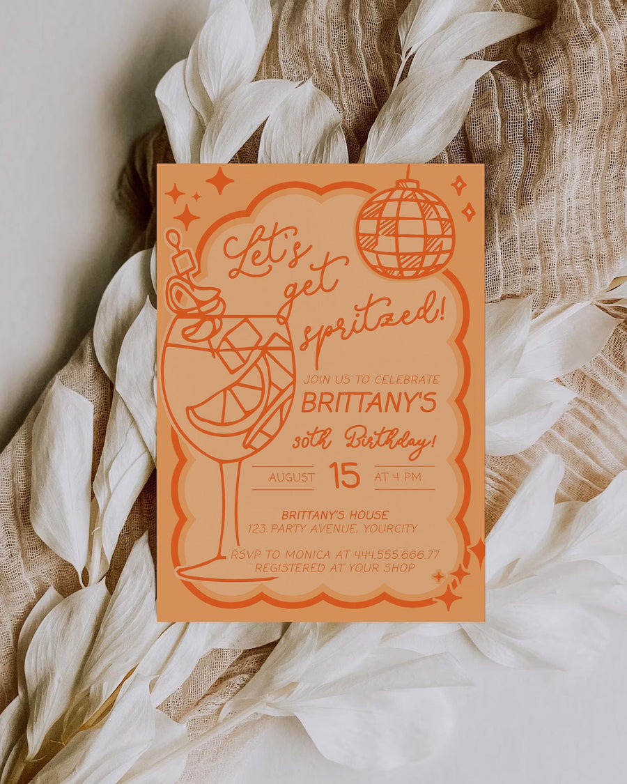 Orange Spritz 30th Birthday Invitation, Let’s Get Spritzed Wavy Frame Template 070OR-BINV - marryful.org