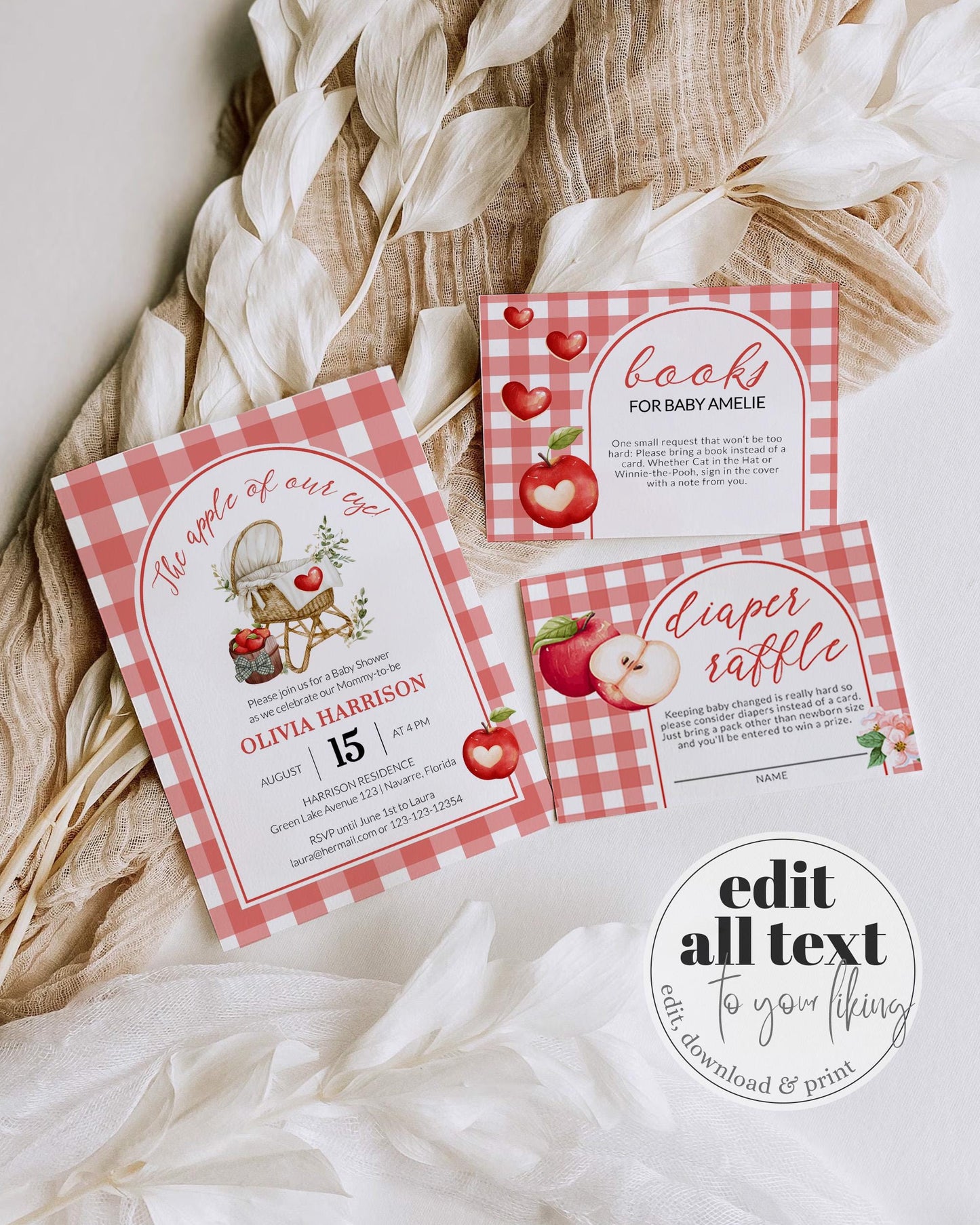 Apple Baby Shower Invitation, Apple of our Eye Autumn Baby Shower Invite Bundle, Editable Fall Diaper Raffle Books for Baby Template #068 - TheLovebirdsDesign